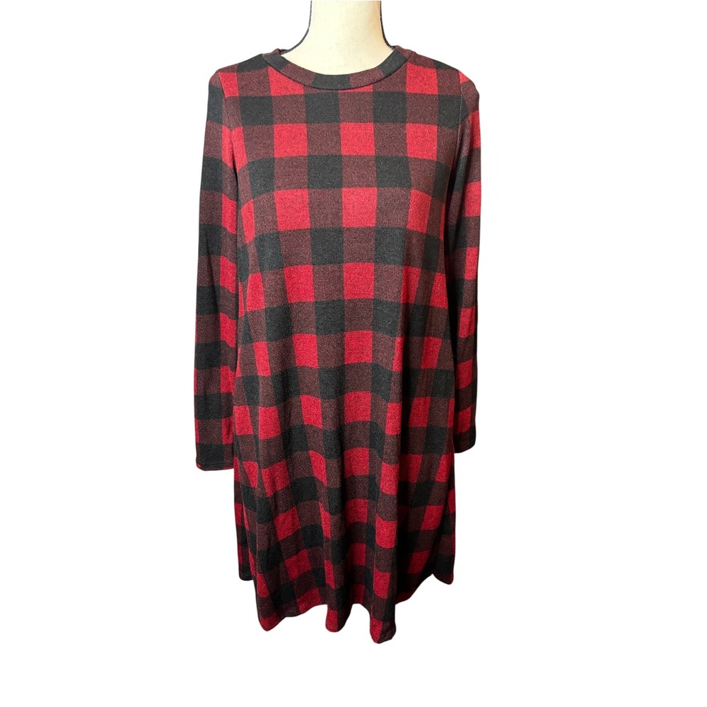Vanilla Bay Red Black Buffalo Plaid Dress Elbow Patches Size Medium